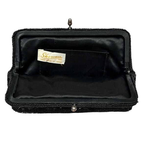 Vtg SHARONEE Black Beaded Clutch Handbag Kiss Lock 5" x 7" Shiny Geometric Japan - Picture 5 of 8